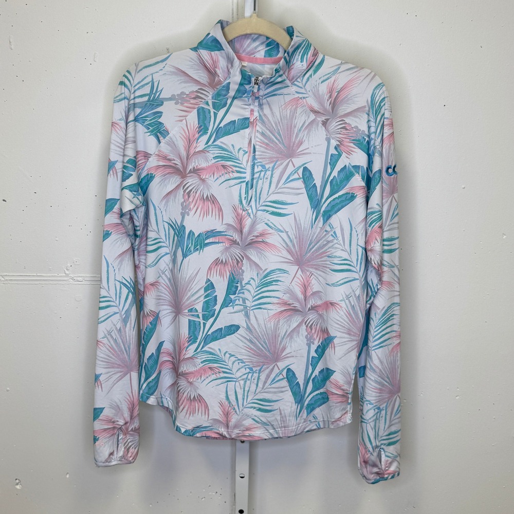 SCALES Palm City Women's Long Sleeve Quarter-Zip White Tropical Med Thumbholes‎